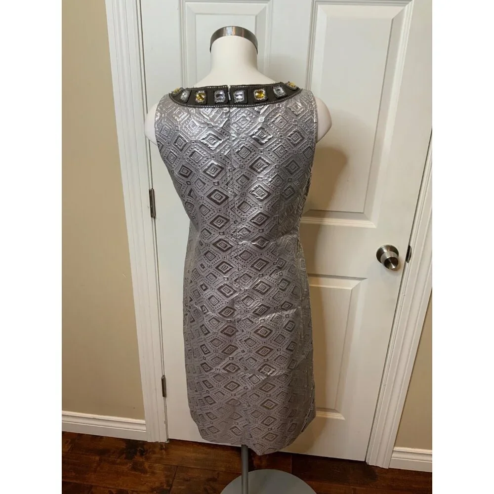 Tory Burch Silver Diamond Jacquard Jewel Neck Shift Dress, Size 10